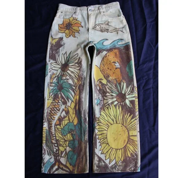 We The Free  tinsley beach scene printed denim jeans sunflowers wide leg barrel - Picture 11 of 14
